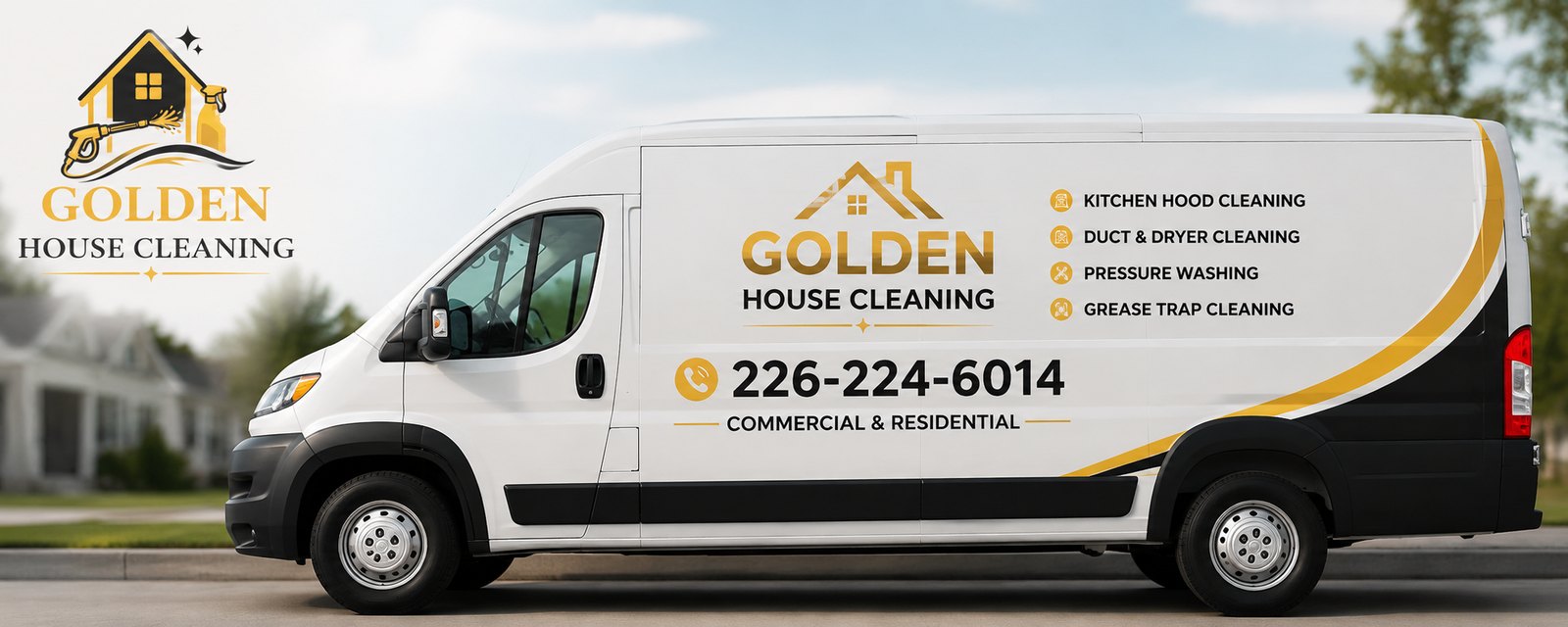 Golden House Cleaning branded service van — commercial and residential duct, dryer vent, and kitchen hood cleaning