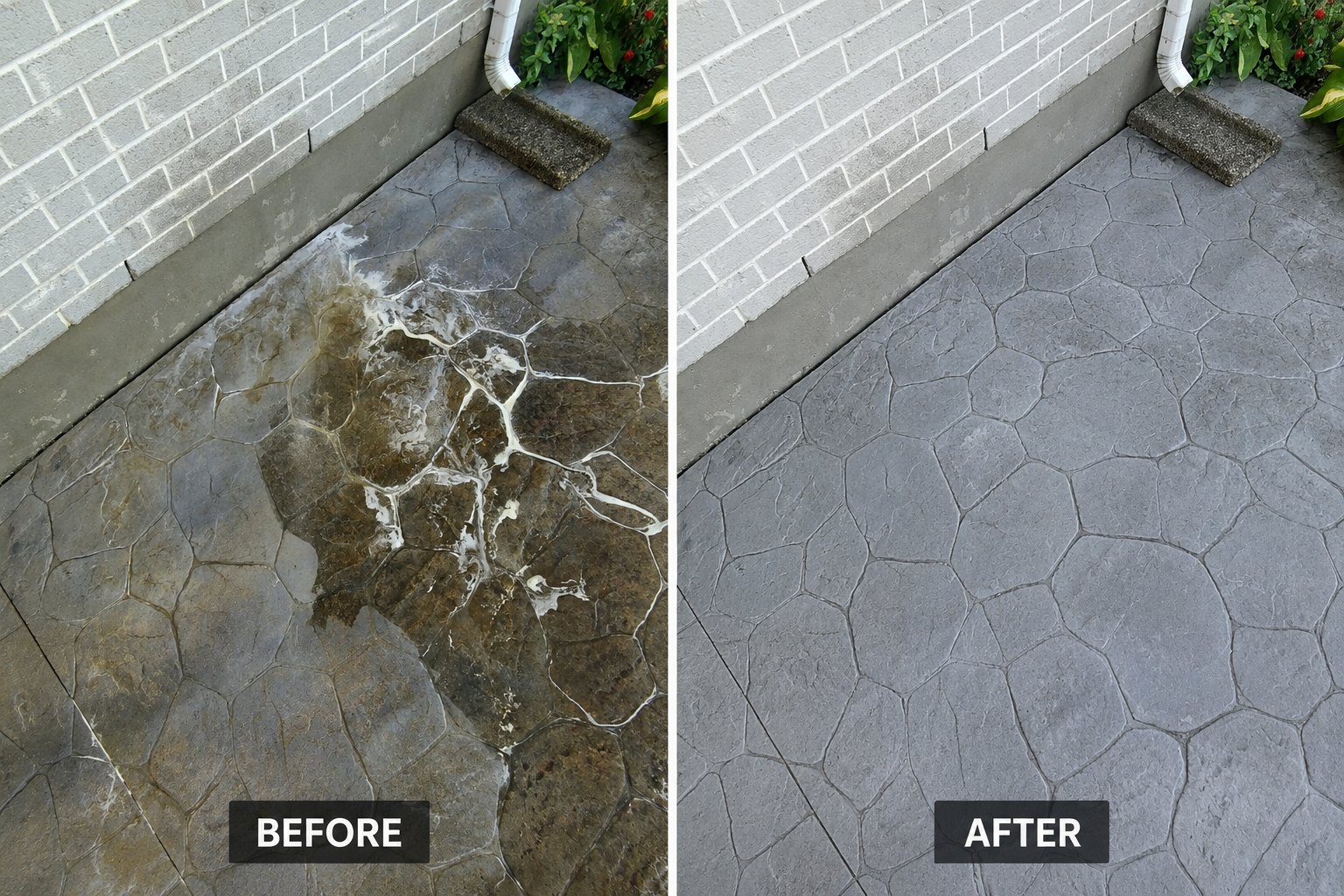 Stamped concrete patio shown before and after pressure washing