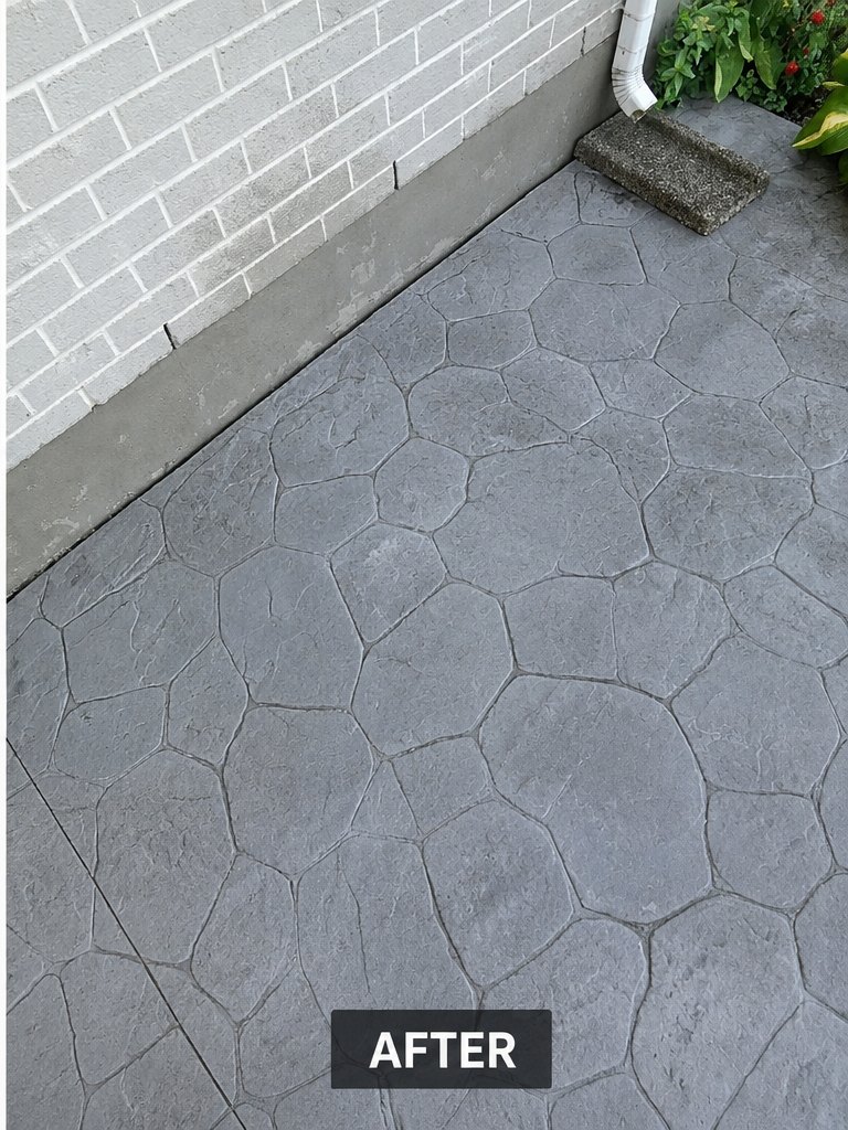 Freshly pressure-washed stamped concrete patio